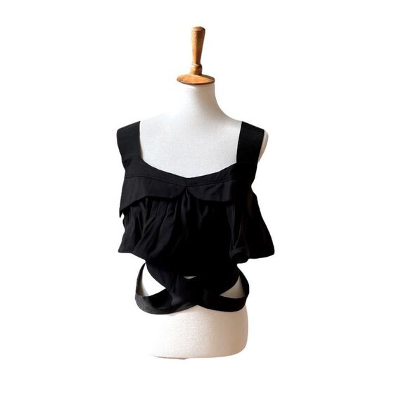 NWT Black flounce peplum bustier crop top w wrap around waist or neck belt Small - Picture 1 of 13